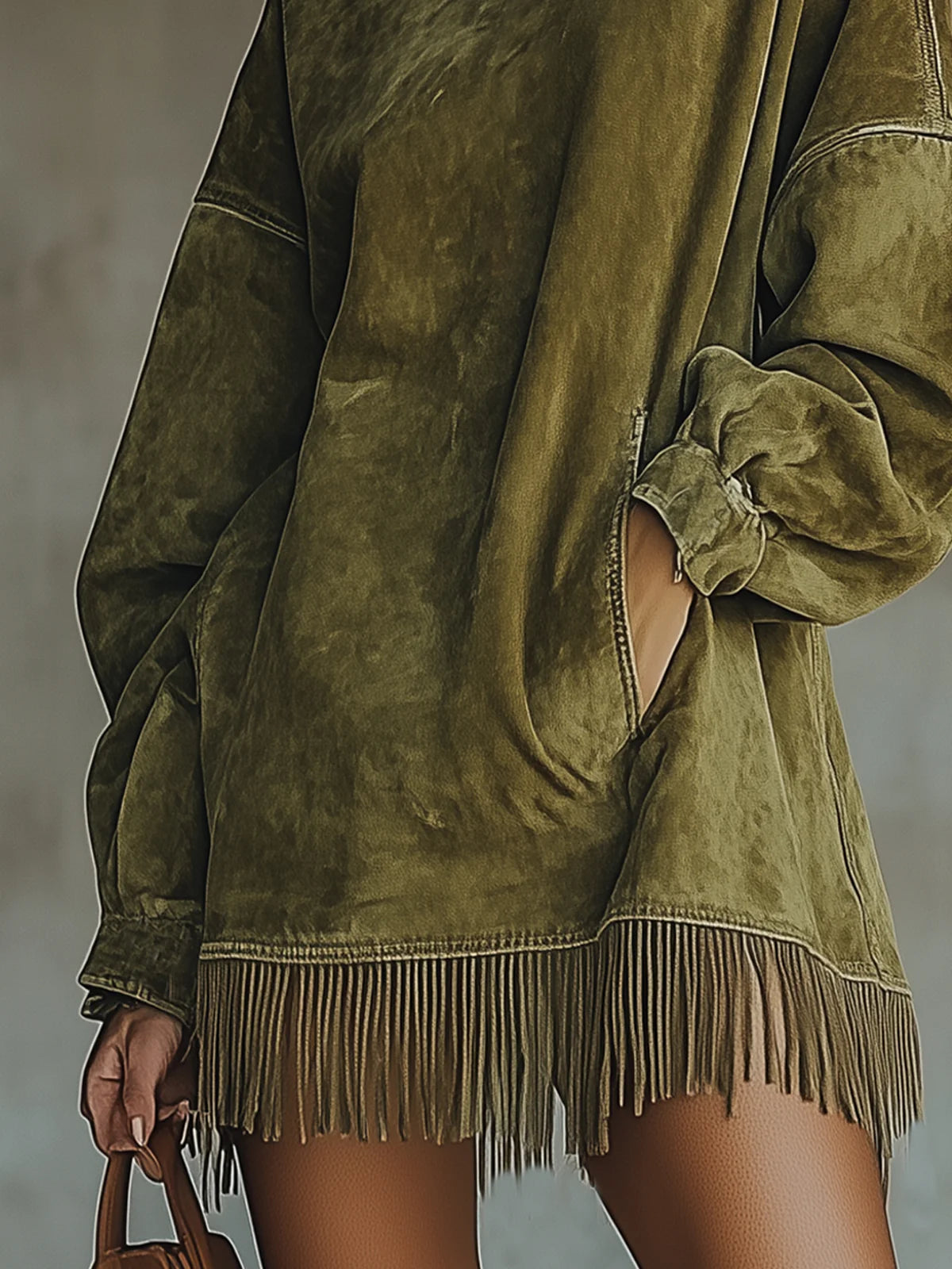 Gabrielle | Suede-effect dress with a high neck and fringing