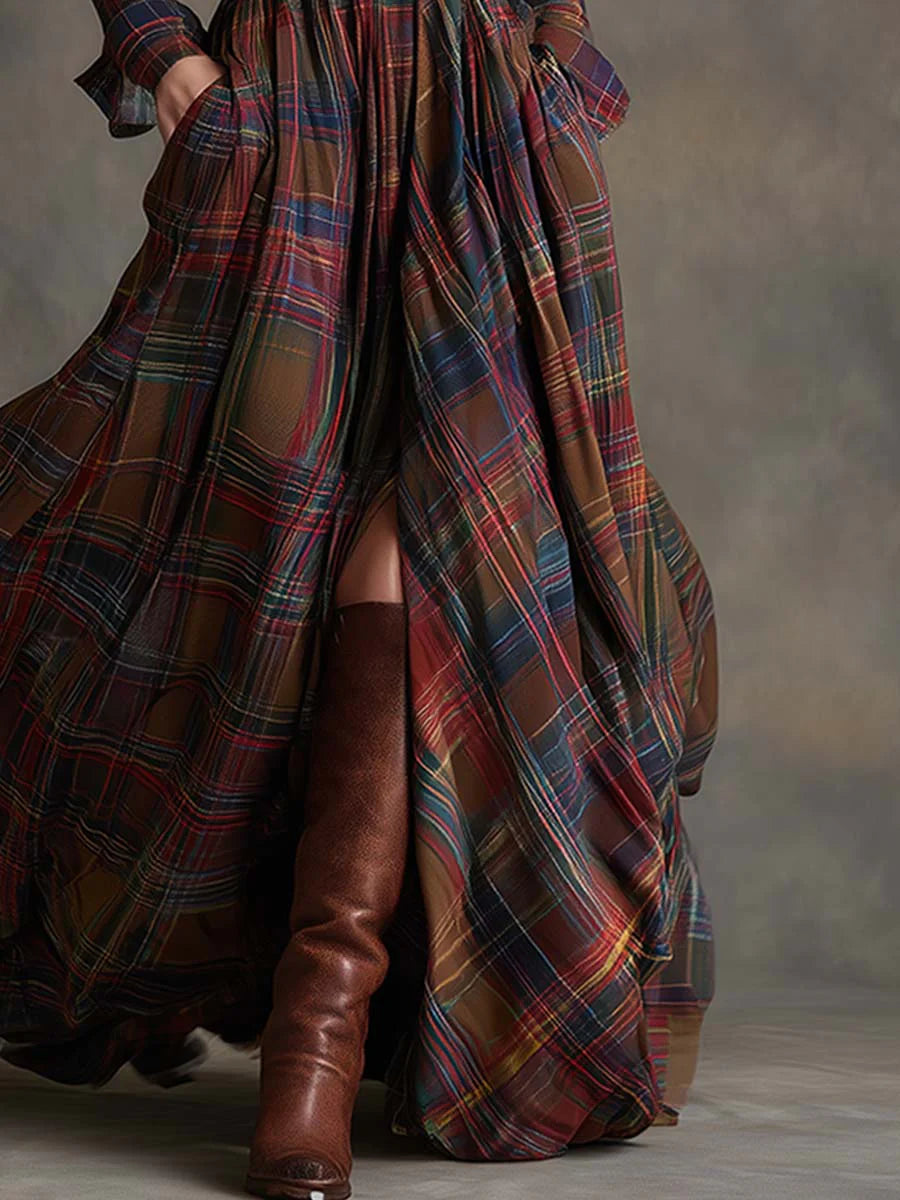 Béatrice | Long checked dress with a belt