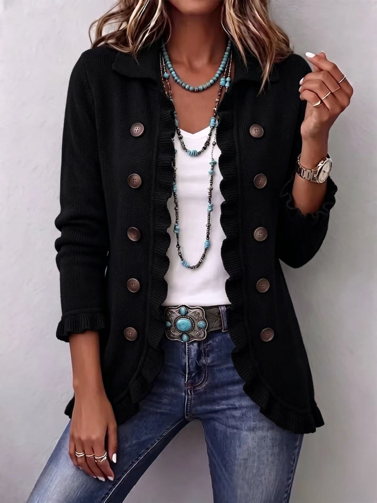 Lucía | Black Knitted Jacket with Ruffles