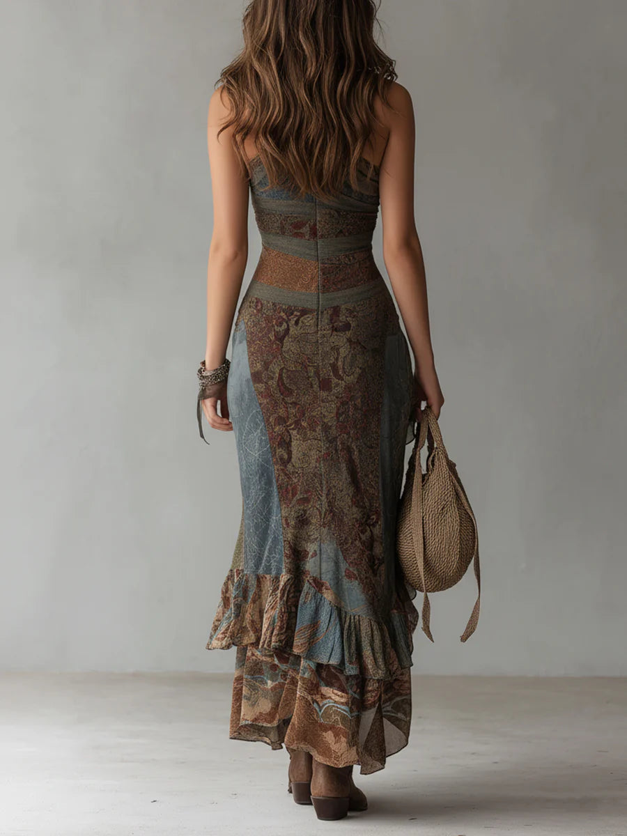 Elena ∙ Long one-shoulder dress with an ethnic print