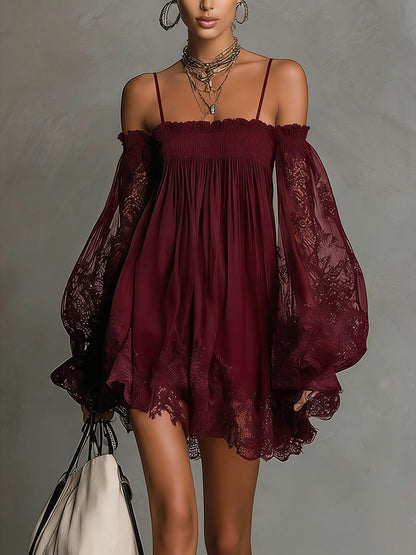 Noemi • Blue chiffon mini dress with bare shoulders, a lace hem and sheer sleeves