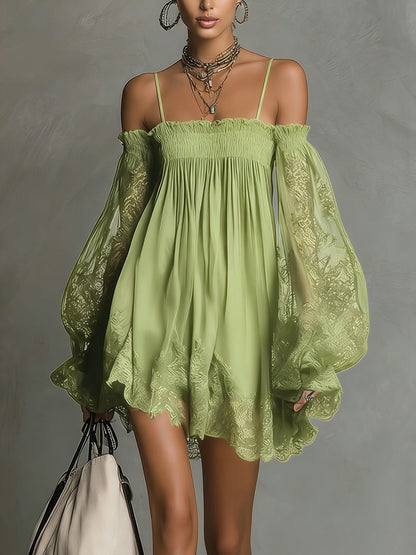 Noemi • Blue chiffon mini dress with bare shoulders, a lace hem and sheer sleeves