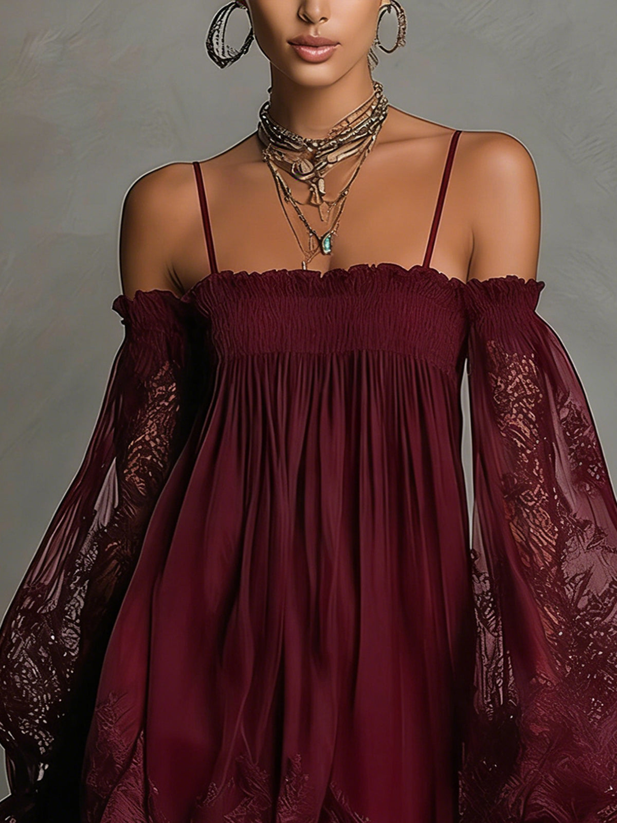 Noemi • Blue chiffon mini dress with bare shoulders, a lace hem and sheer sleeves