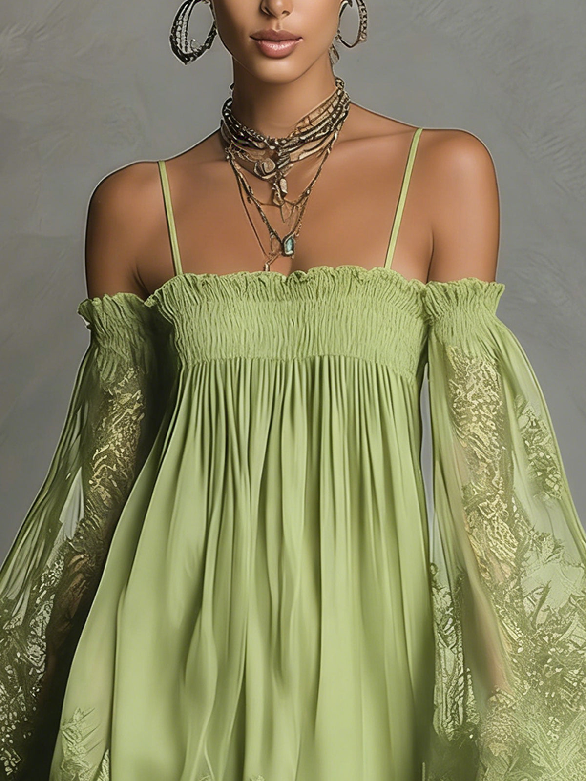 Noemi • Blue chiffon mini dress with bare shoulders, a lace hem and sheer sleeves