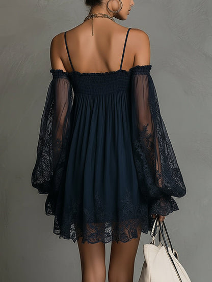 Noemi • Blue chiffon mini dress with bare shoulders, a lace hem and sheer sleeves