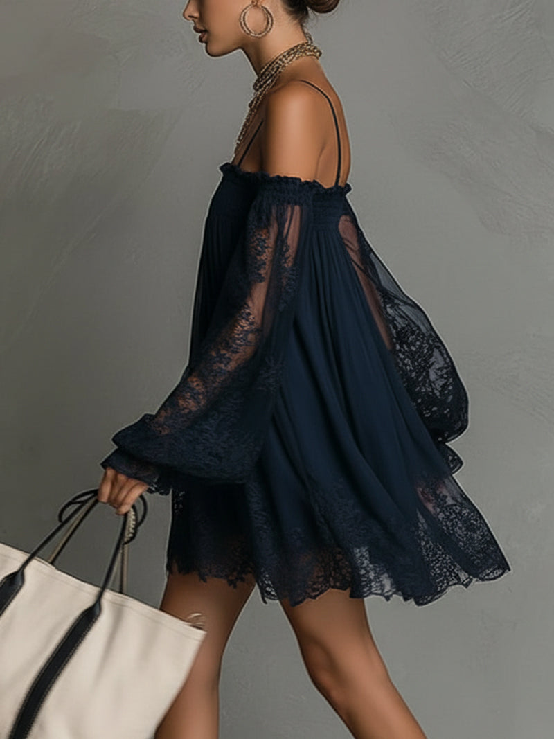 Noemi • Blue chiffon mini dress with bare shoulders, a lace hem and sheer sleeves