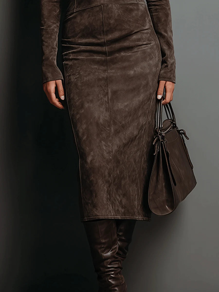 Lorène | Brown suede-effect midi dress