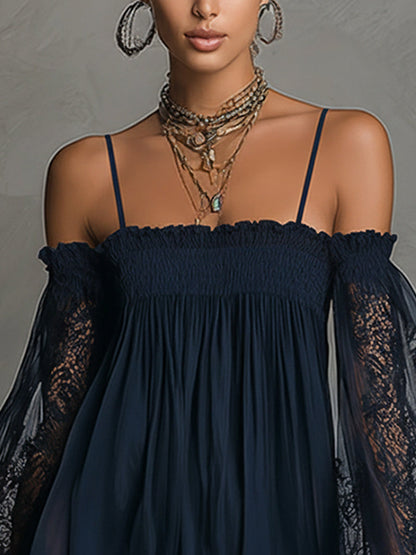 Noemi • Blue chiffon mini dress with bare shoulders, a lace hem and sheer sleeves
