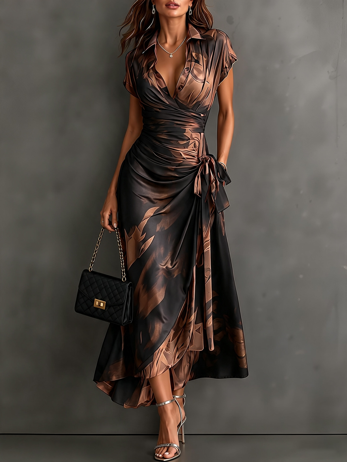Wrap-style midi dress with an abstract brown and black print