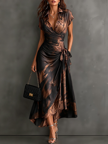 Wrap-style midi dress with an abstract brown and black print