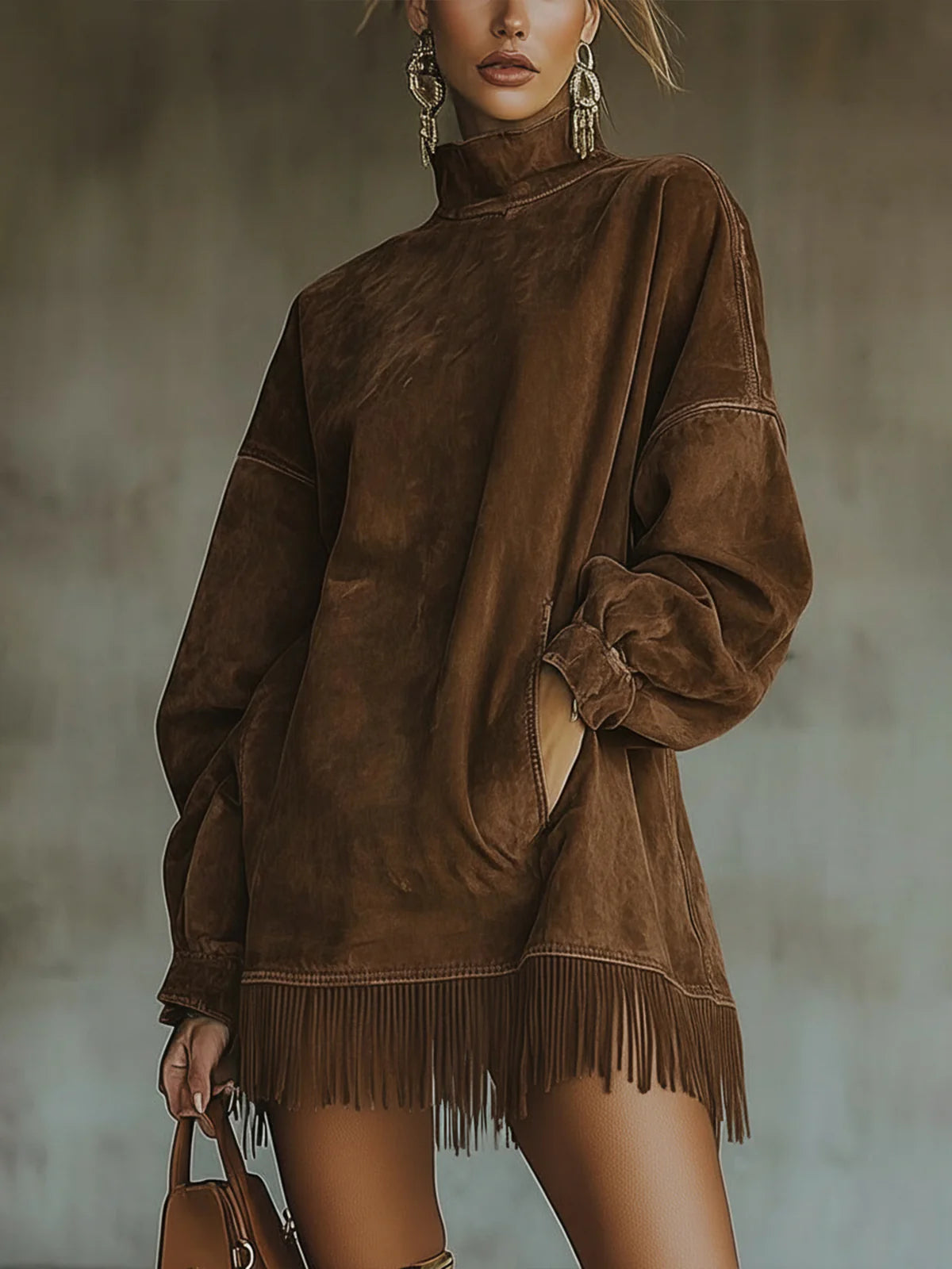 Gabrielle | Suede-effect dress with a high neck and fringing