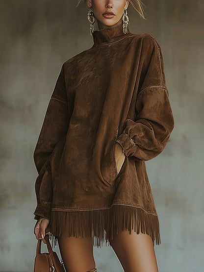 Gabrielle | Suede-effect dress with a high neck and fringing