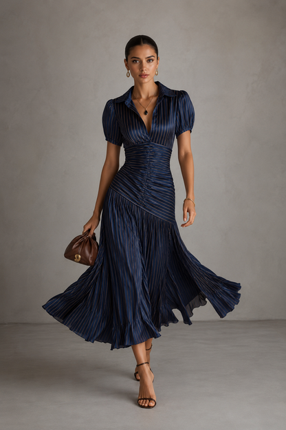 Adriana ∙ Satin midi dress with retro stripes