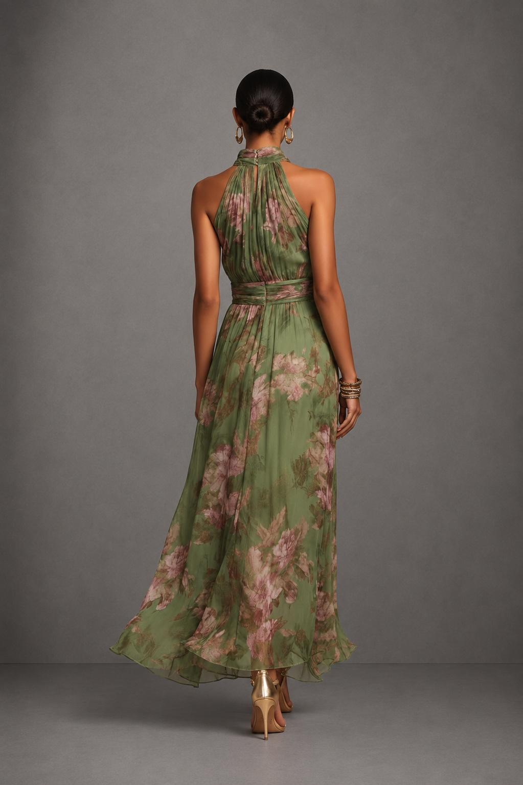 Serena ∙ Long green chiffon dress with a floral pattern