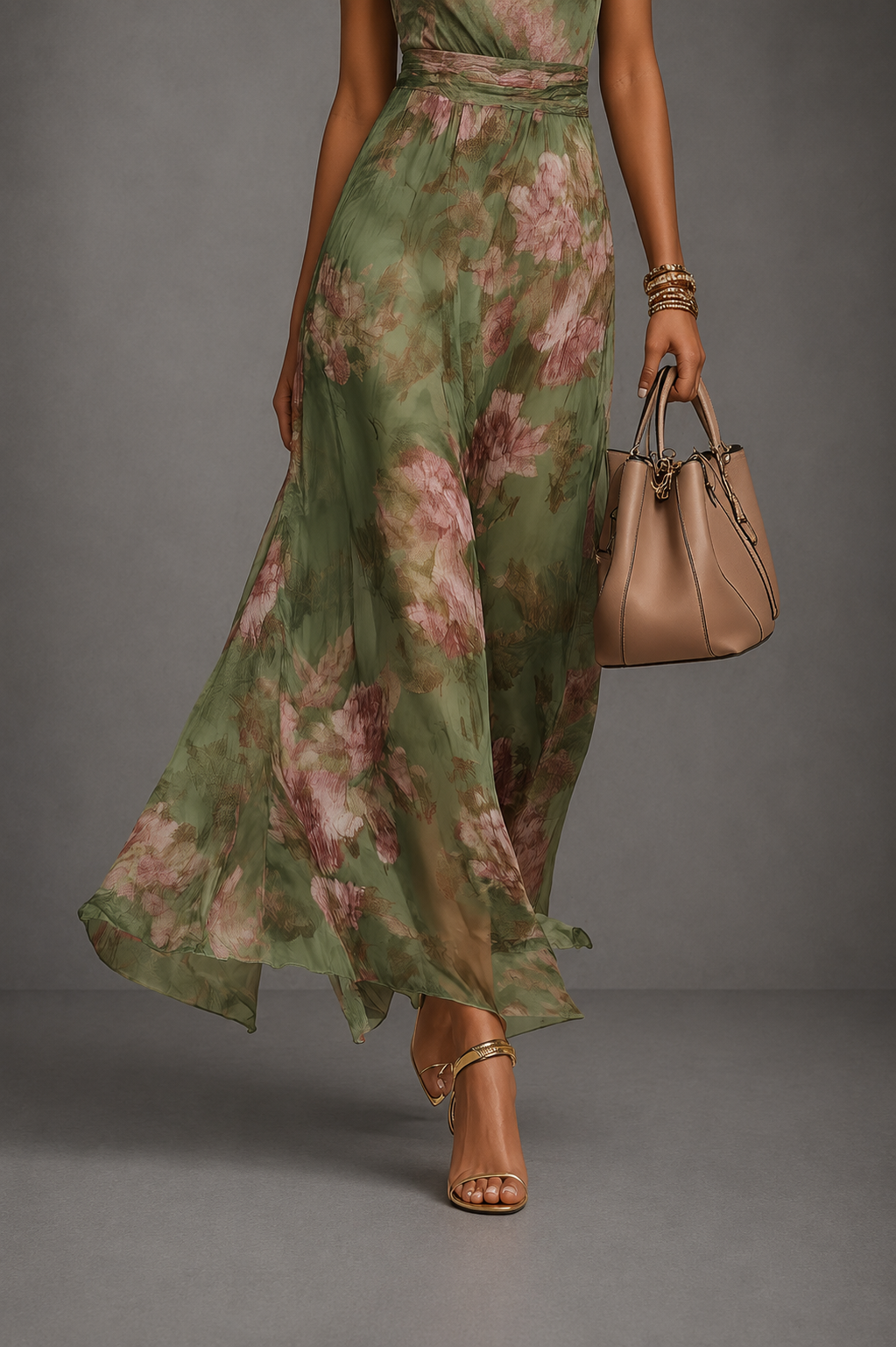 Serena ∙ Long green chiffon dress with a floral pattern