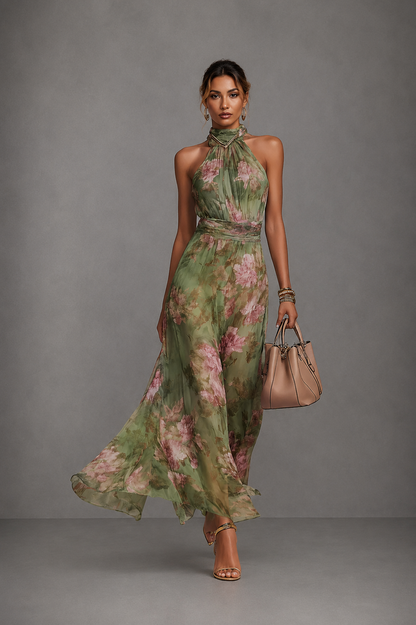 Serena ∙ Long green chiffon dress with a floral pattern