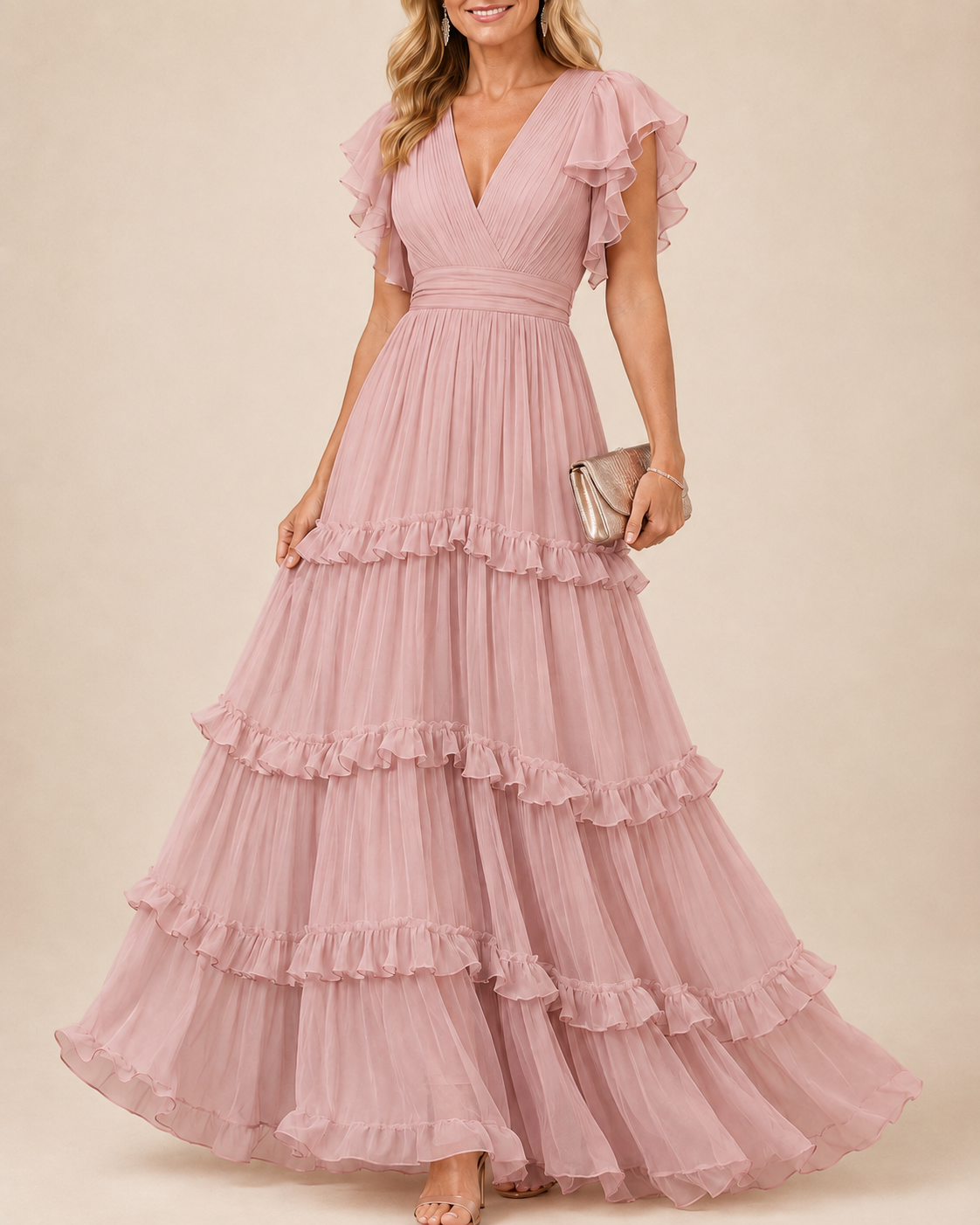 Rosalía | Dusty Pink Maxi Dress with V-Neck, Tiered Ruffles, and Butterfly Sleeves