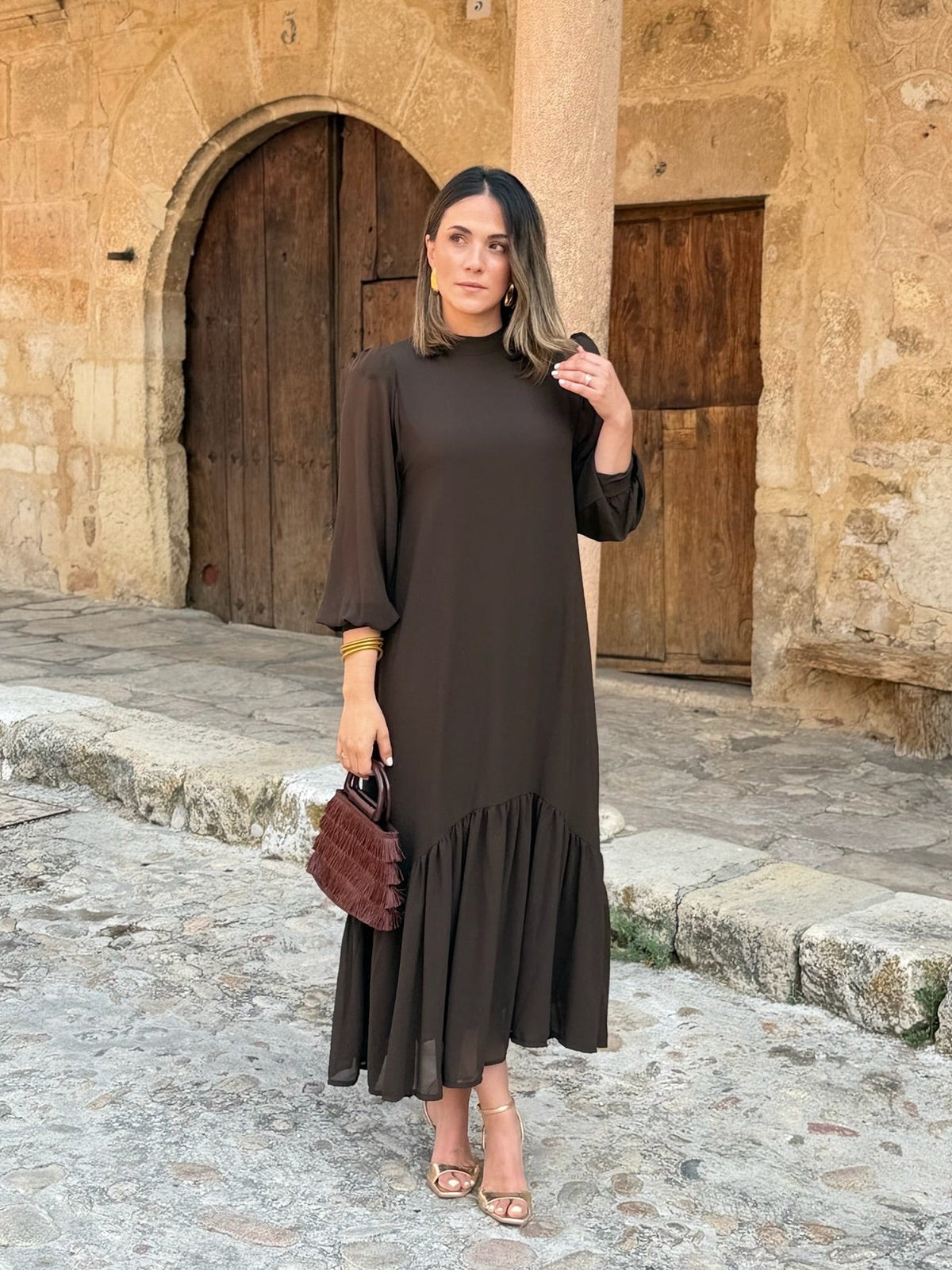 Plain brown chiffon dress | Andrea