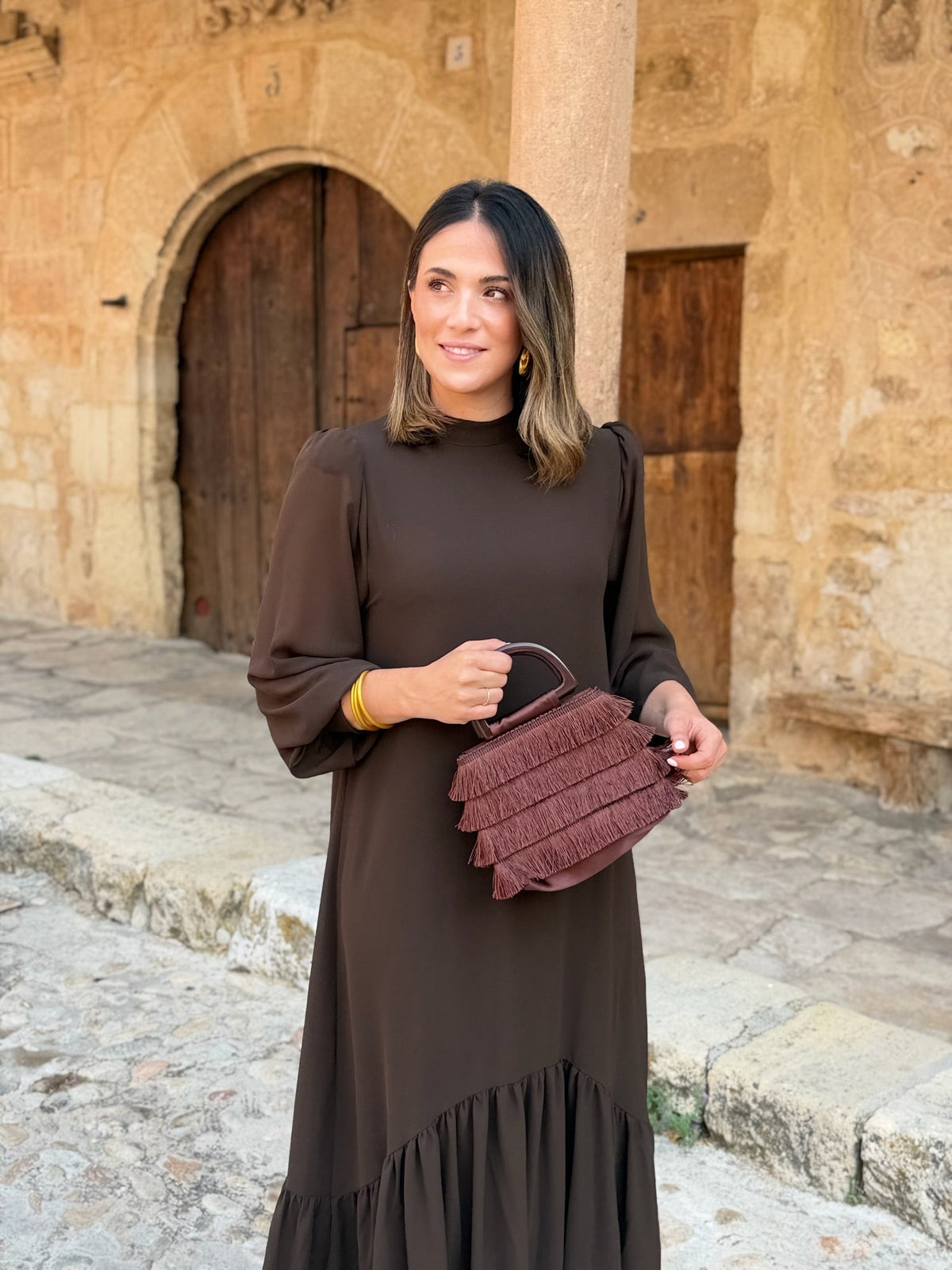 Plain brown chiffon dress | Andrea