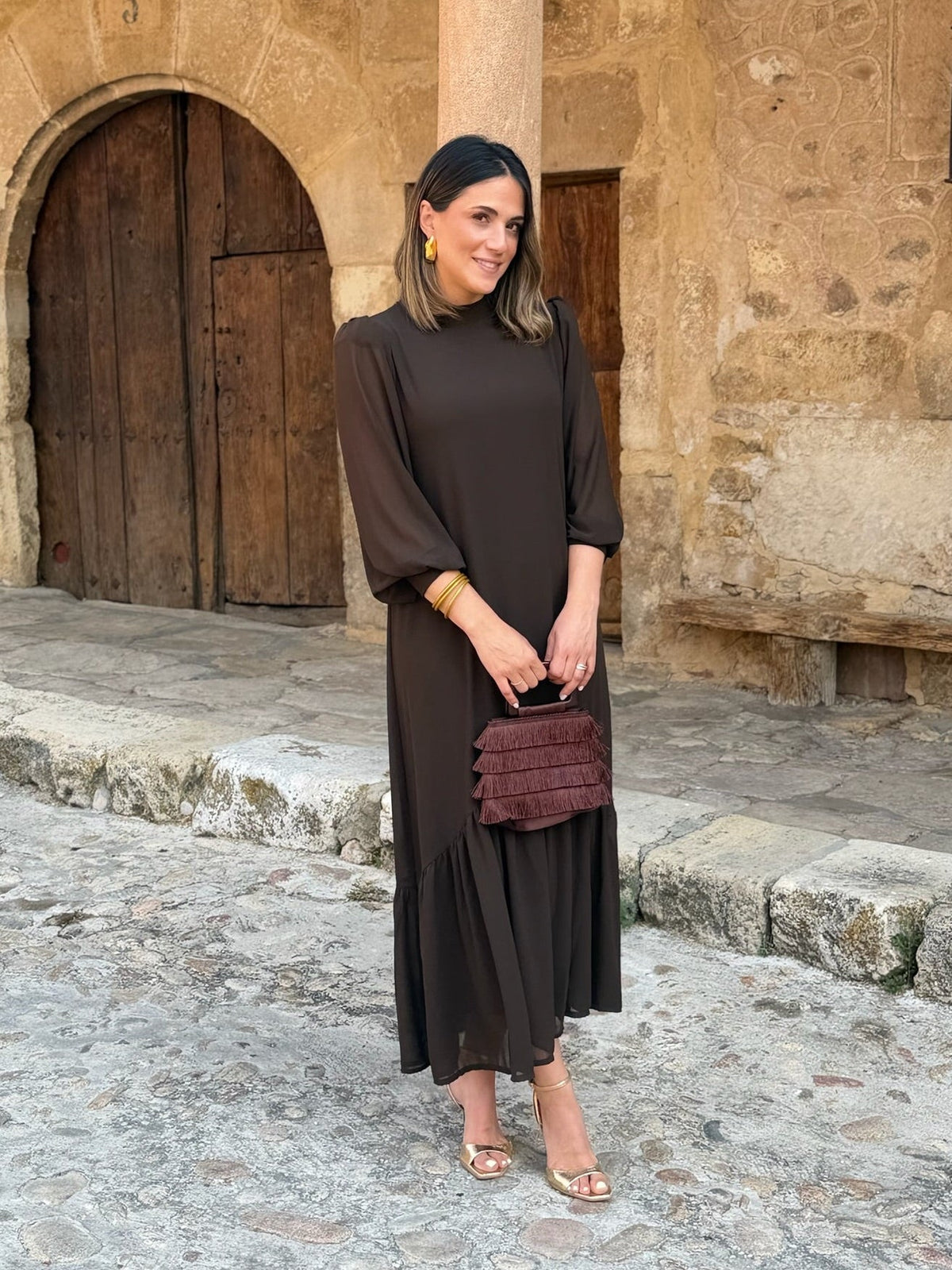 Plain brown chiffon dress | Andrea