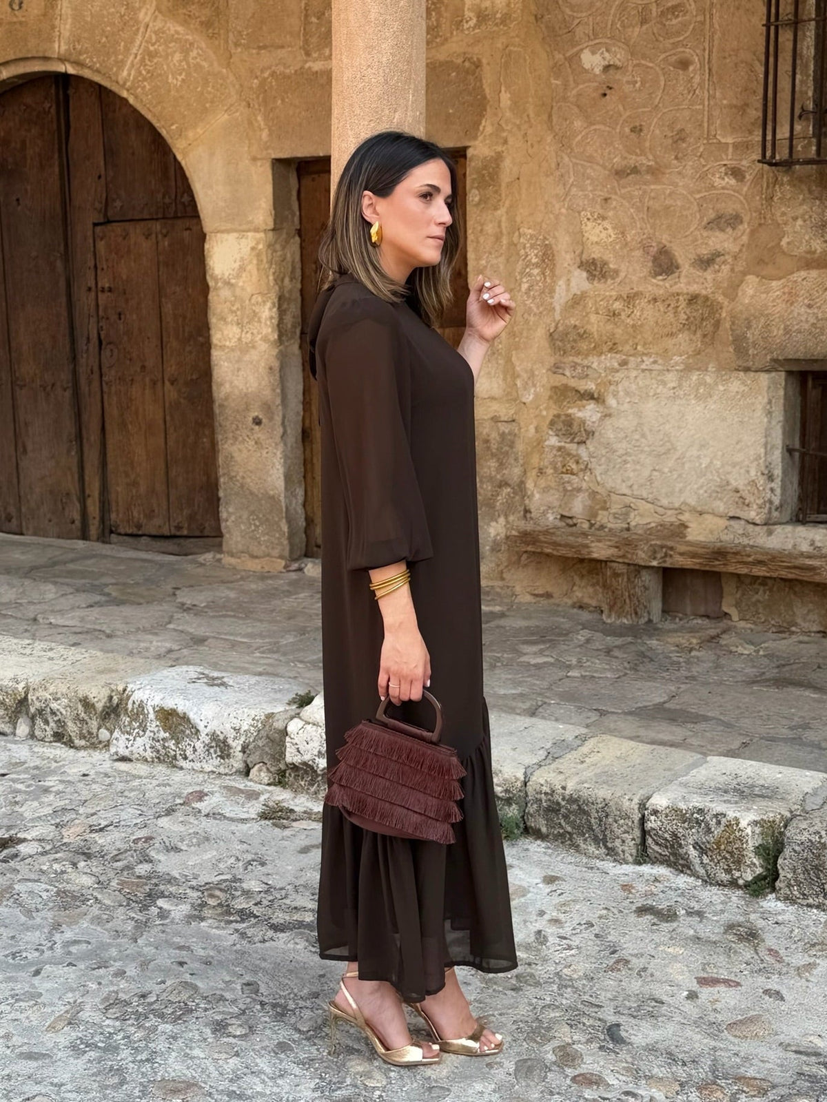 Plain brown chiffon dress | Andrea