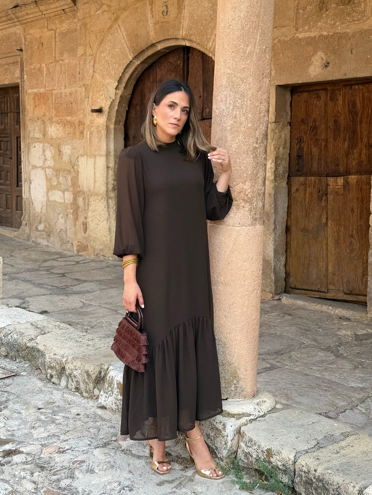 Plain brown chiffon dress | Andrea