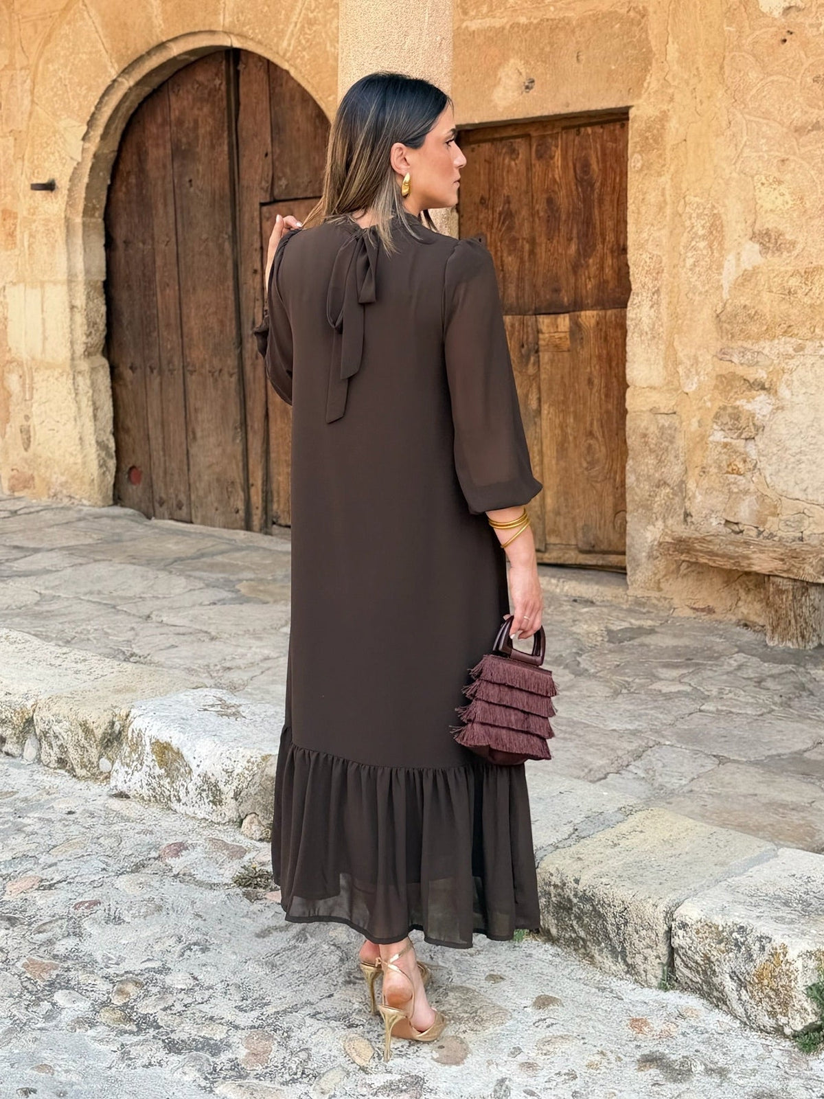 Plain brown chiffon dress | Andrea