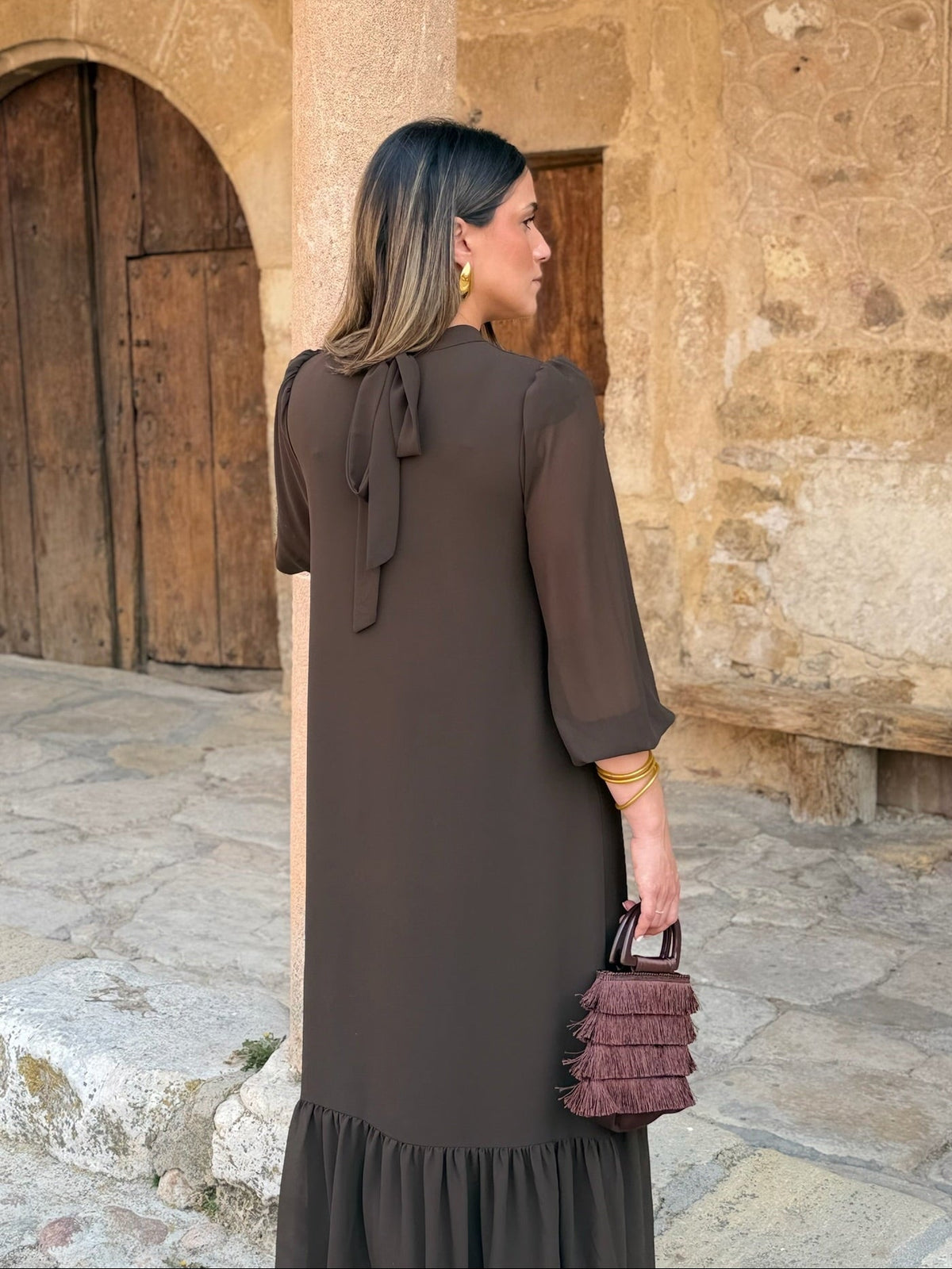 Plain brown chiffon dress | Andrea
