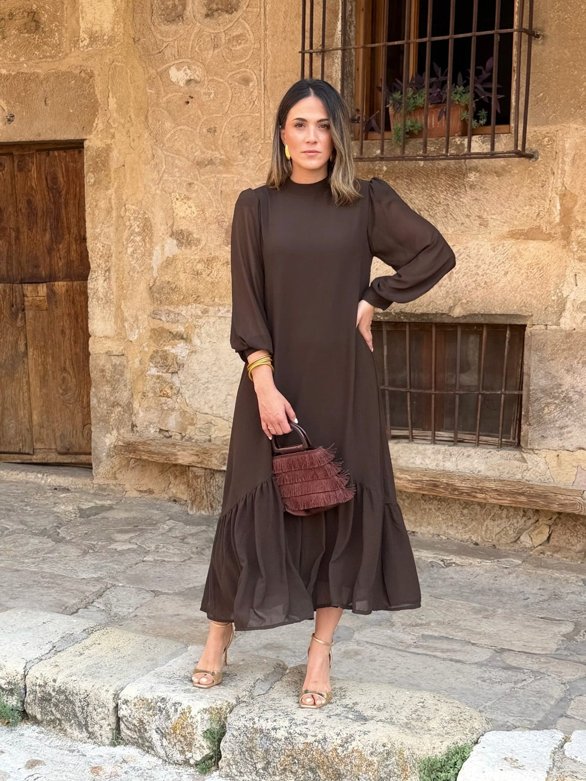 Plain brown chiffon dress | Andrea