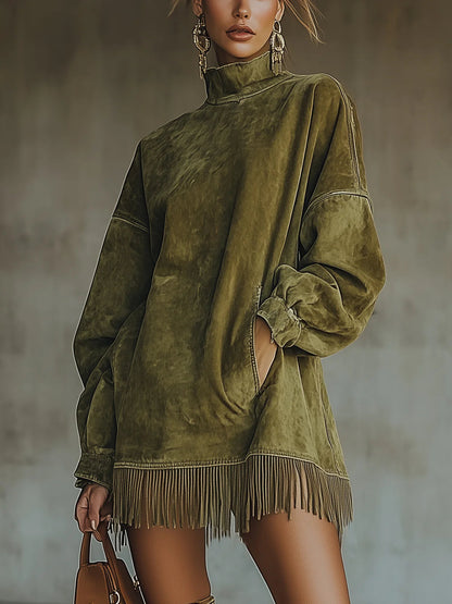 Gabrielle | Suede-effect dress with a high neck and fringing