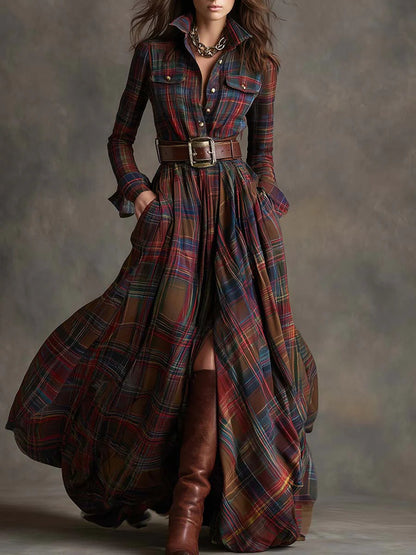 Béatrice | Long checked dress with a belt