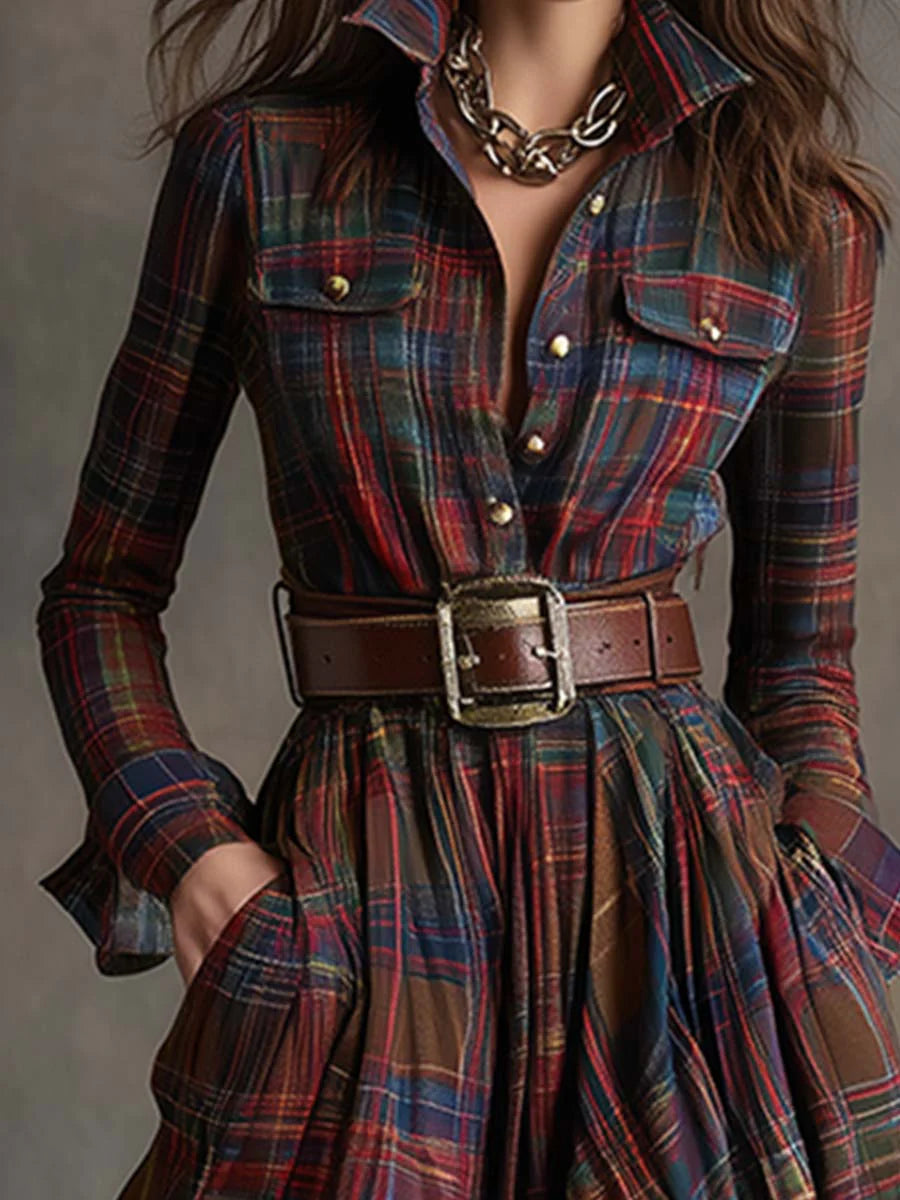 Béatrice | Long checked dress with a belt