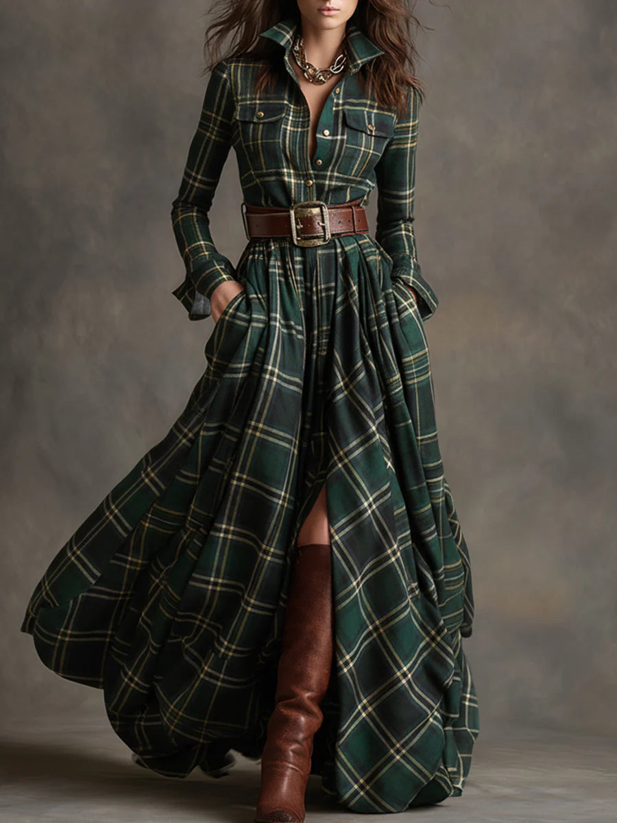 Béatrice | Long checked dress with a belt