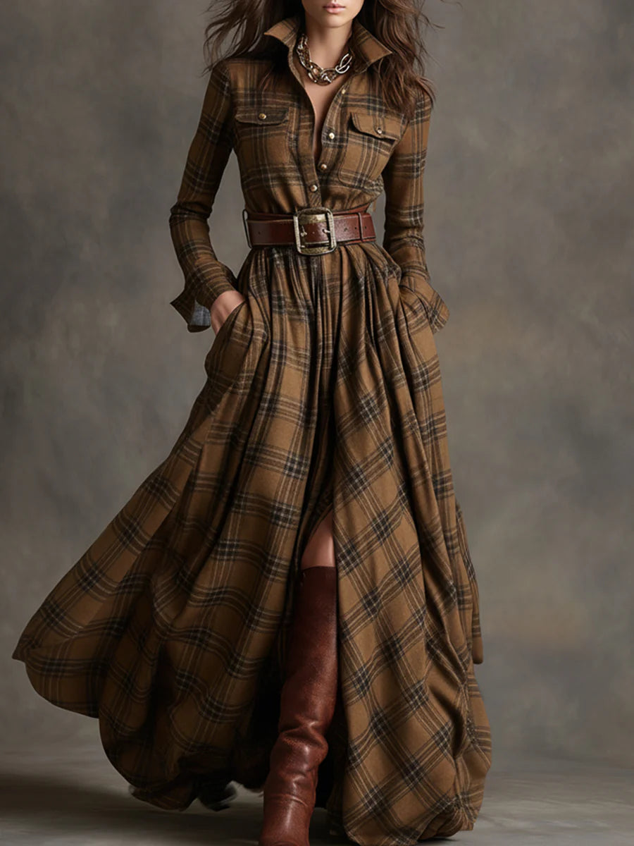 Béatrice | Long checked dress with a belt