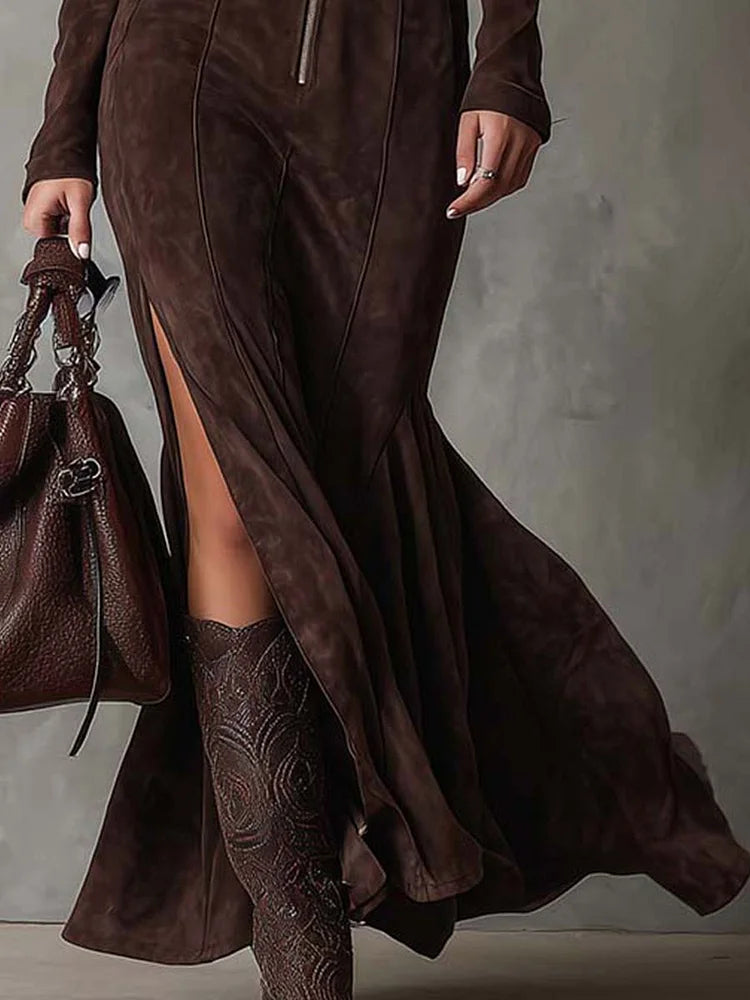 Marceline | Long brown dress with a belt