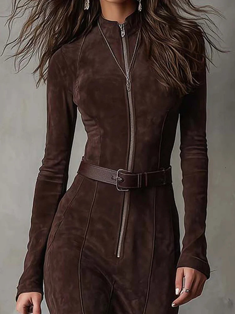 Marceline | Long brown dress with a belt