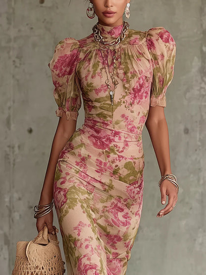 Fiora ∙ Long dress with a vintage rose print and puffed sleeves
