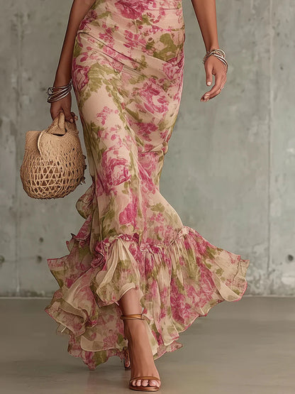 Fiora ∙ Long dress with a vintage rose print and puffed sleeves