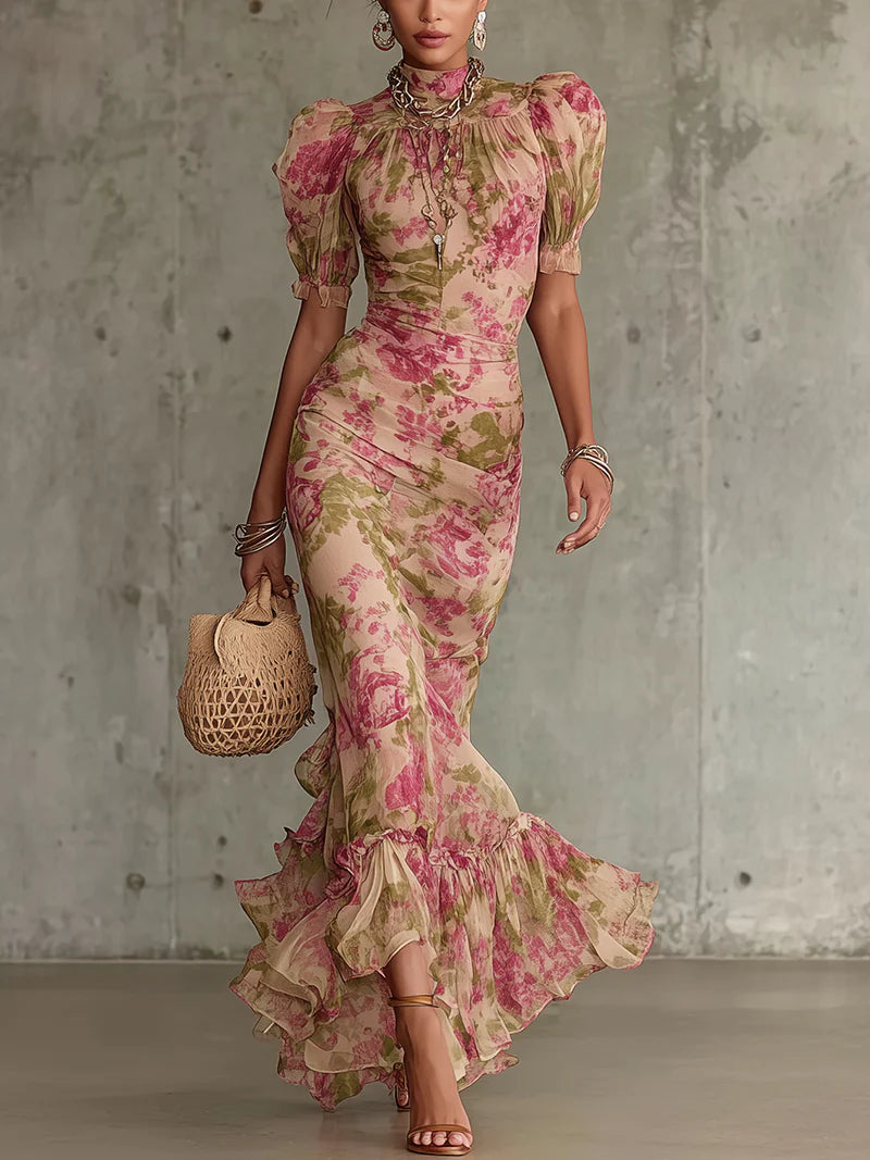 Fiora ∙ Long dress with a vintage rose print and puffed sleeves