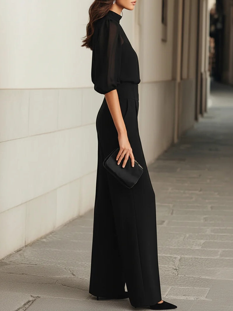 Valentina • Black three-piece set, comprising a sheer camisole-style top and wide-leg trousers