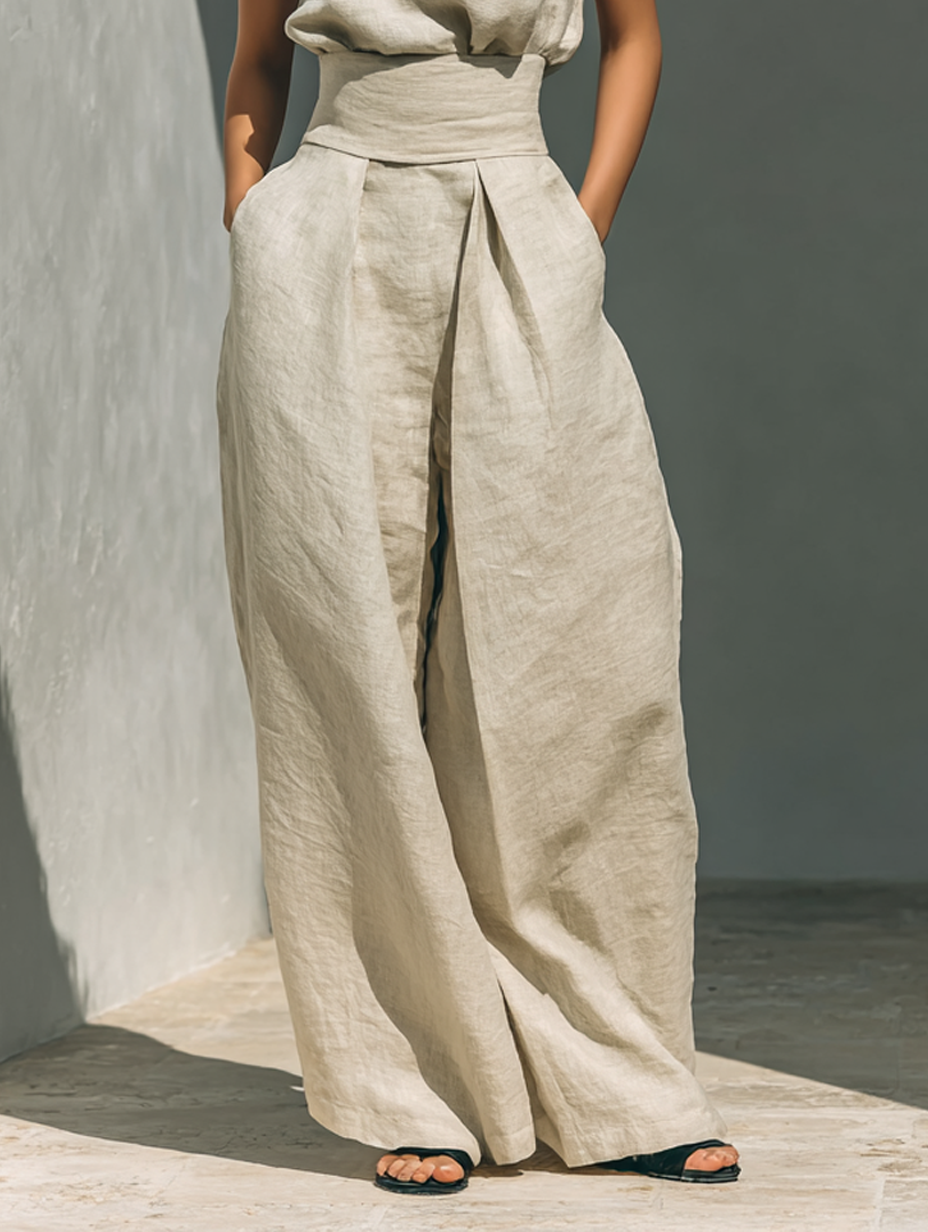 Aurora ∙ Beige set with a top and wide-leg trousers