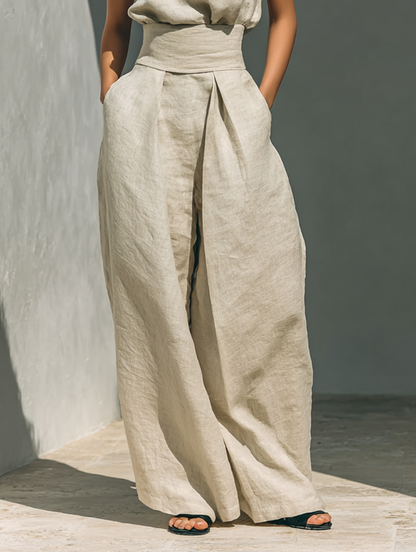 Aurora ∙ Beige set with a top and wide-leg trousers