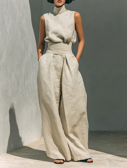 Aurora ∙ Beige set with a top and wide-leg trousers