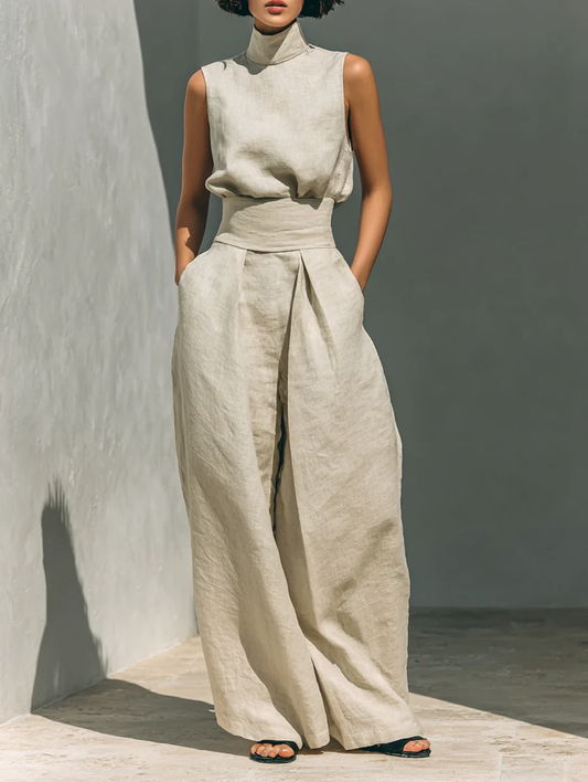 Aurora ∙ Beige set with a top and wide-leg trousers
