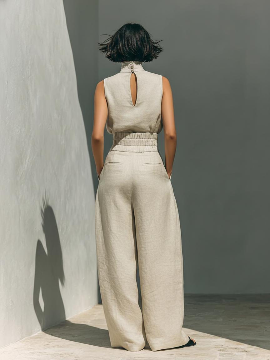 Aurora ∙ Beige set with a top and wide-leg trousers