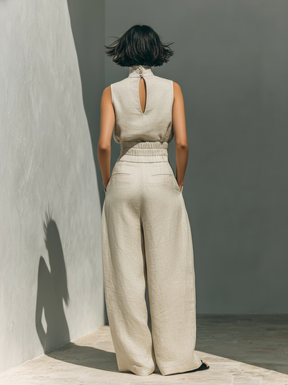 Aurora ∙ Beige set with a top and wide-leg trousers