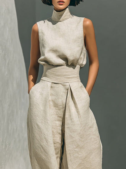 Aurora ∙ Beige set with a top and wide-leg trousers