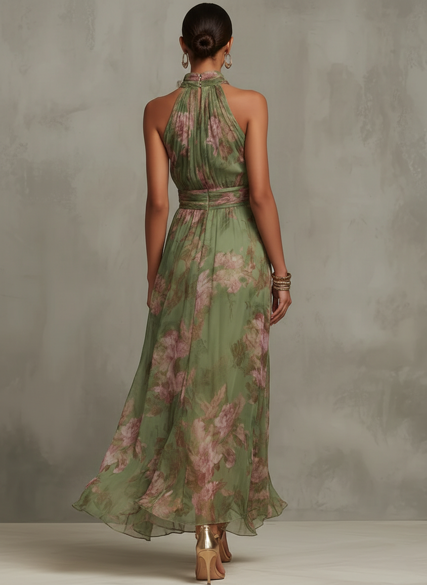 Serena ∙ Long green chiffon dress with a floral pattern