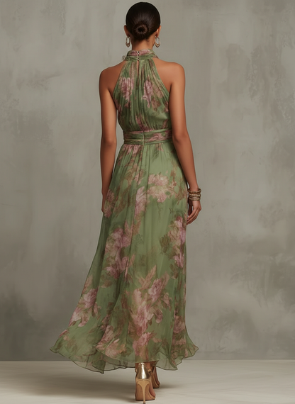 Serena ∙ Long green chiffon dress with a floral pattern