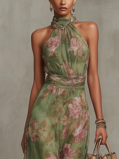 Serena ∙ Long green chiffon dress with a floral pattern